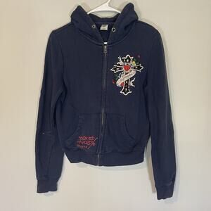 Ed Hardy Zip Up Hoodie Vtg Y2K Blue Embroidered Women S Cross Rhinestones FLAW